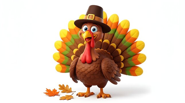 Cute cartoon turkey wearing a pilgrim hat and scarf holding a roasted turkey platter isolated on white