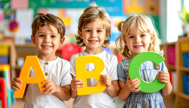 Happy children holding colorful ABC letters in classroom