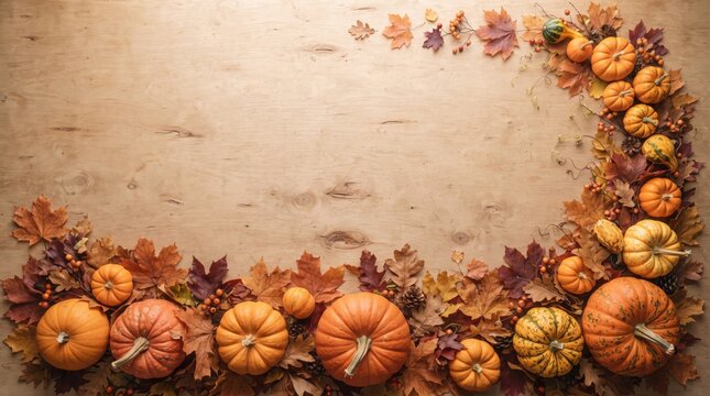Autumn harvest decorative border featuring assorted pumpkins and colorful fallen leaves arranged on rustic wood surface with displays festive seasonal