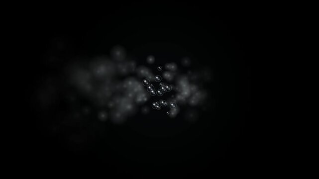 Floating bubbles rising slowly on a dark black background in clean liquid motion graphics