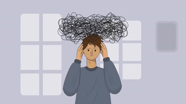 Animated young man with a tangled cloud of intrusive thoughts