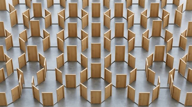 A visual representation of eeo with endless open wooden doors arranged in hexagonal patterns representing choices