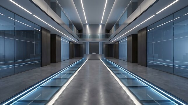 Modern corporate office interior with EEO compliance design, sleek glass walls and futuristic corridor