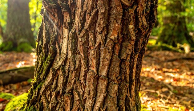 Detailed textured bark of an ancient tree trunk with sunbeams filtering through foliage