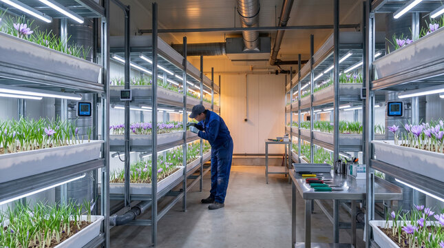 Indoor Saffron Farmer Working in a Modern Controlled Environment Farm