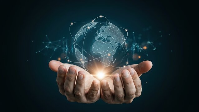 Human hands holding a glowing digital globe with interconnected network lines representing global communication and international business
