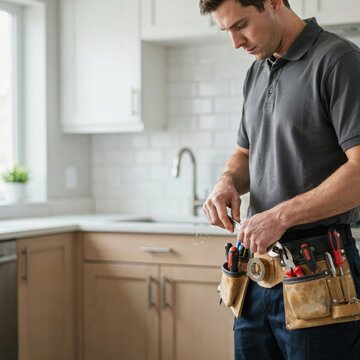 Skilled repairman wearing grey polo shirt adjusts wrench from full tool belt while standing in modern kitchen environment.