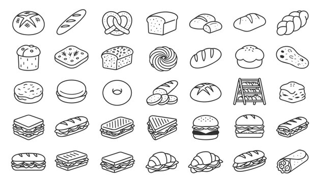 A set of 35 black line art icons depicting various types of bread: sandwiches, burgers, pretzels, and other baked goods.