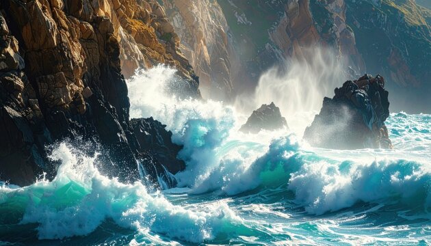 Dramatic ocean waves crashing against rugged, rocky coastline with sea spray and cliffs