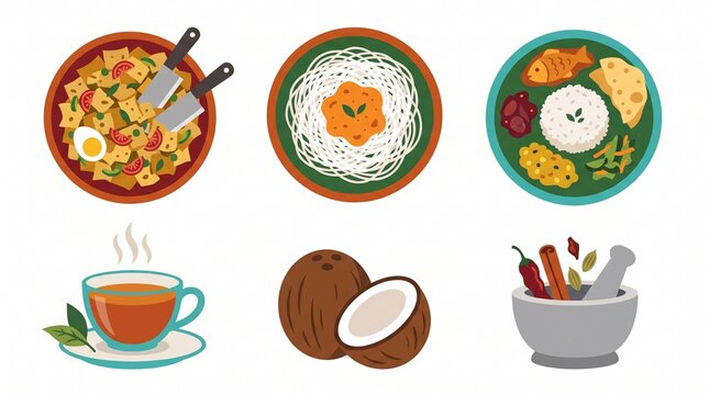 Minimal flat icons representing Sri Lankan dishes and ingredients like kottu, string hoppers, rice and curry, tea, and spices. Ideal for menus, travel content, and cultural projects.