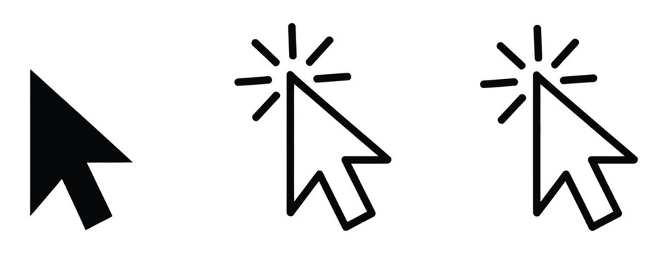 Cursor mouse click icon set featuring click arrow icons and computer mouse cursor symbols for web interfaces, application UI, navigation, and digital interaction design