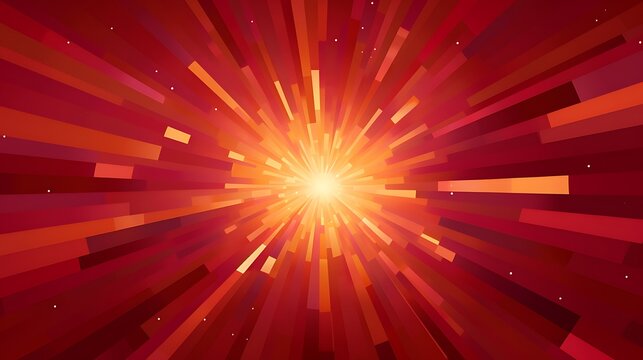 Abstract Radial Burst of Pixel Rays with Vibrant Orange and Red Geometric Sunburst Beams Radiating Dynamic Energy Light Background