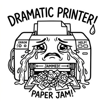 Funny Printer with Paper Jam Meltdown Illustration.