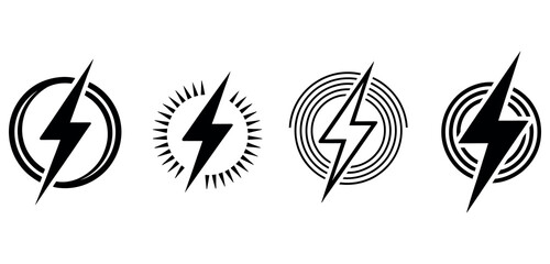 Fototapeta premium Set of four black lightning bolt icons in circular frames isolated on a white background design.