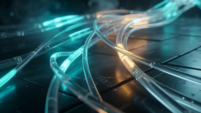Glowing Fiber Optic Cables Transmitting Digital Data Streams Across A Futuristic Dark Industrial Metallic Surface Background