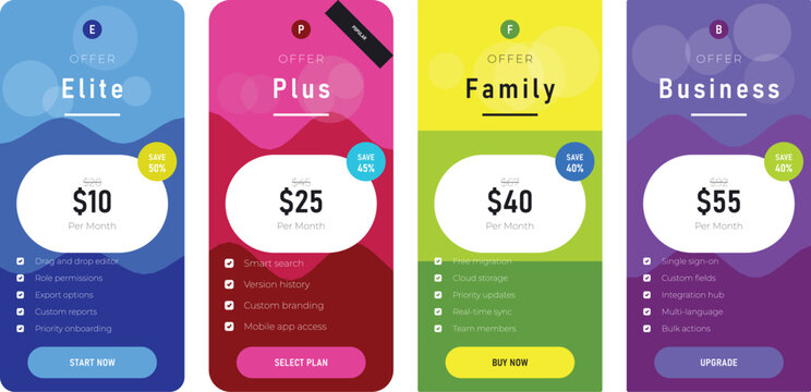 Mobile app subscription plans pricing cards design Vector