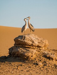 Fototapeta premium Two black crowned night herons perch on rocky outcrop in desert landscape. Birds look at each other in arid environment with sand dunes and clear blue sky.