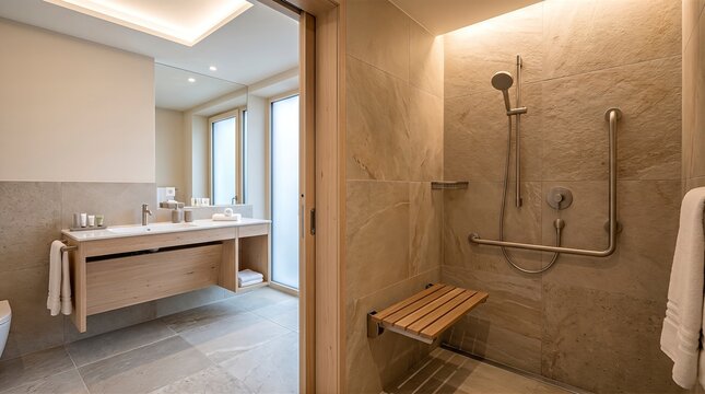 Modern accessible bathroom with double vanity and walk-in shower