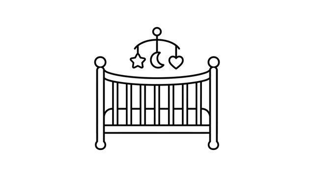 Baby crib wooden cot with hanging mobile toy line illustration.