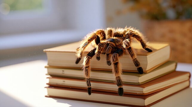 Huge Tarantula Spider Crawls Over Books Stack Near Window