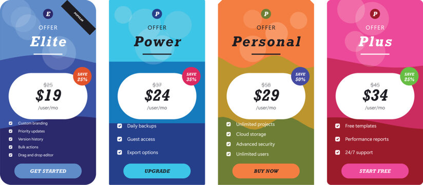 Modern subscription plan pricing cards for business website Vector