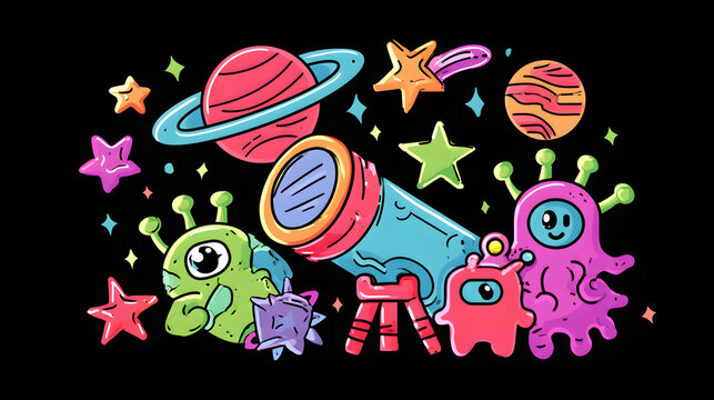 A fun space-themed doodle features a telescope, planets, stars, and cute alien characters on a dark black background