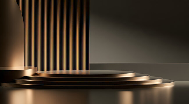 Contemporary geometric stage featuring metallic gold and grey stripes. Empty platform for product showcasing. Abstract architectural backdrop with gentle lighting and shiny surfaces.