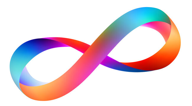 Abstract, colorful, gradient mobius strip on a white background. Vibrant 3D loop with smooth curves and twisting ribbon shape. Modern, flowing design shows endless geometric motion. Bright spectrum co