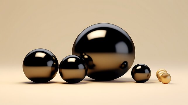 Minimalist 3D abstract composition featuring polished black spherical objects of varying sizes with gold accents on a warm beige studio backdrop