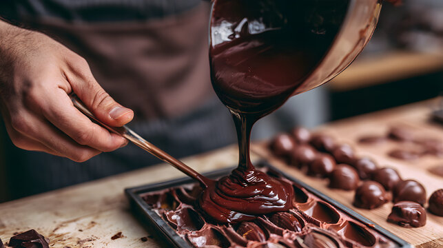 Professional chocolatier pours tempered melted chocolate into mold during artisan confectionery production process
