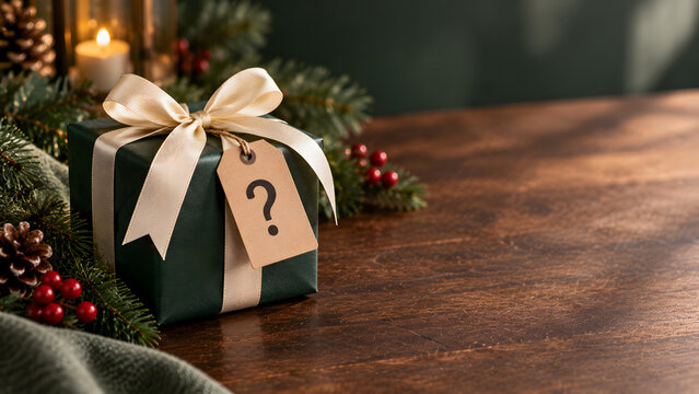 Green wrapped Secret Santa gift with a cream bow and question mark tag sits on a wooden table beside evergreen branches, red berries, and pinecones, highlighting an anonymous holiday surprise.