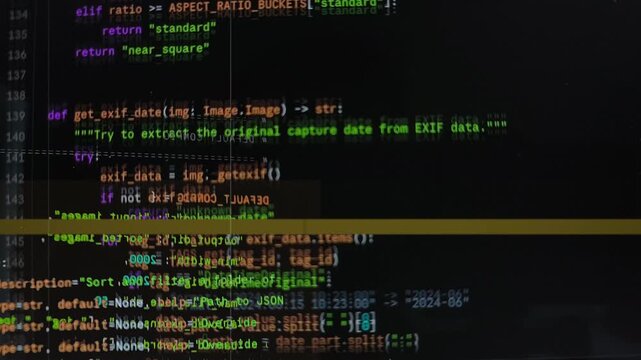 Computer code interface loading fast with digital glitch effects. Retro vintage programming script compiling with screen noise and signal interference. Abstract cyber security data stream