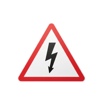 Isolated photorealistic triangular warning sign with vibrant red border, white interior, and black lightning bolt, against a transparent background, soft shadow below. Concept of electrical danger and