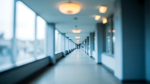 A long empty office hallway with large windows and bright ceiling lights, captured with a soft blur to emphasize the architectural perspective and