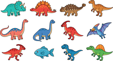 Cute Cartoon Dinosaur Vector Character Icon Set with Triceratops Stegosaurus T-Rex Brachiosaurus and Pterodactyl Illustrations for Kids Books and Prehistoric Graphic Designs © Sohel