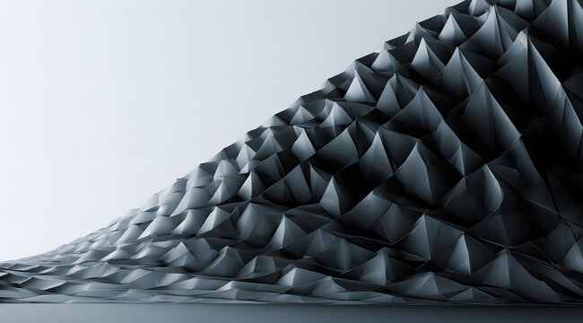 Minimalist abstract background with metallic gray chrome triangle waves. Sharp geometric shapes create a flowing 3D texture with an emboss effect. The premium industrial tech aesthetic is suitable for