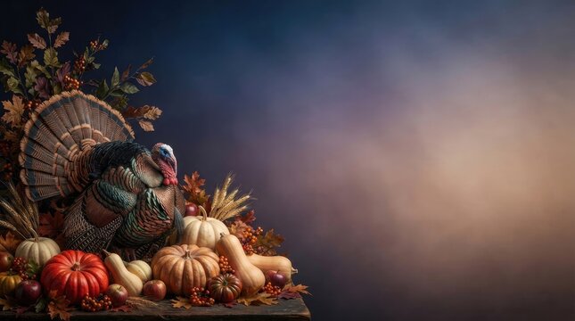 A festive thanksgiving day background featuring a decorative turkey surrounded by autumn harvest vegetables and pumpkins with copy space