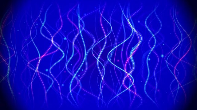 Abstract blue light trails, glowing wavy energy lines on dark background. Digital motion graphics for technology and science visuals.
