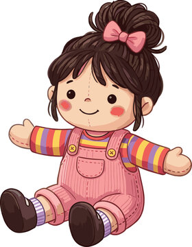 Cute Cartoon Rag Doll Toy Vector Character with Pink Overalls Striped Shirt and Hair Bow Illustration for Children Books and Baby Nursery Graphic Designs