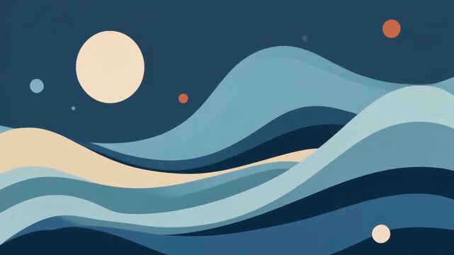 Abstract Wavy Ocean Landscape with Moon and Planets, Minimalist Blue Tones