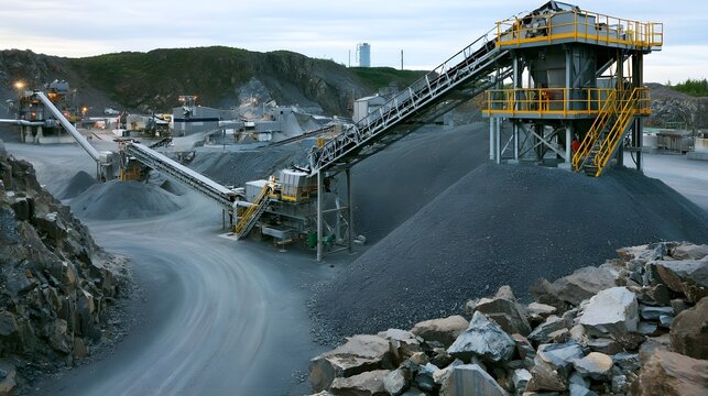 Industrial quarry site with conveyor belts  piles of crushed rock  and metal processing equipment under overcast sky