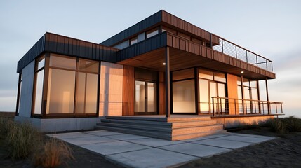 Obraz premium Modern two story house with large glass wooden accents and stone steps under warm golden hour light