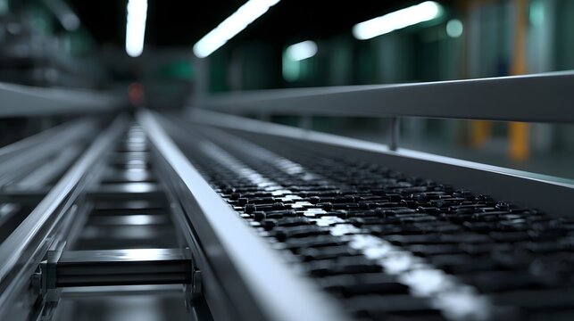 A close up view of a modern industrial conveyor belt system with metallic rails and textured surface under bright overhead lighting