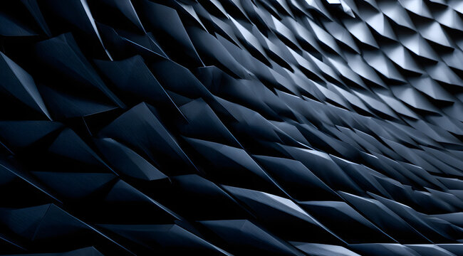 A minimalist abstract background featuring metallic gray chrome triangle waves. Sharp geometric shapes combine to form a flowing 3D texture with an embossed effect. This premium industrial tech aesthe