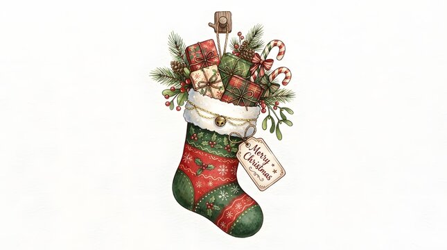Festive christmas stocking overflowing with holiday decorations and winter greens