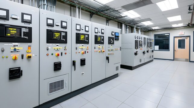 Modern industrial control room with gray electrical panels  digital displays  and overhead conduits under bright fluorescent lighting