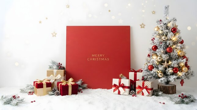 Festive christmas scene with presents mockup and decorated tree in winter