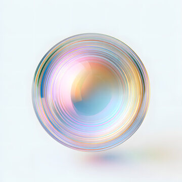Abstract 3D iridescent sphere with concentric rings. Pastel gradient colors create a futuristic holographic effect. Glossy round bubble shape floats in white space. Modern geometric element for digita