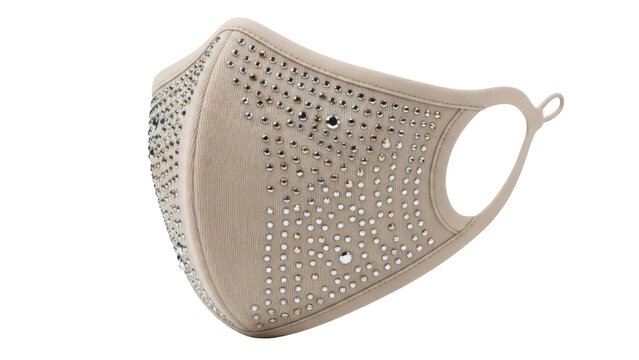 Beige fabric face mask with decorative beads for fashion and protection