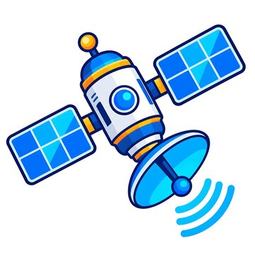 A satellite with solar panels is depicted as a colorful vector illustration